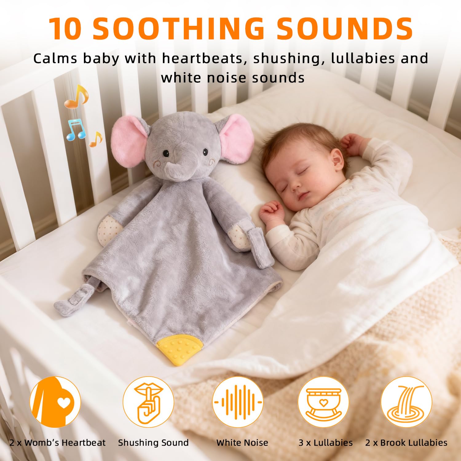BEREST Elephant Lovey white noise helps baby relax for nap.