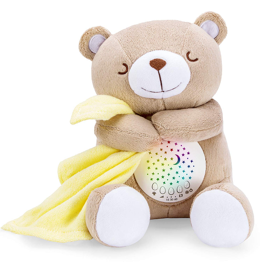 BEREST rechargeable baby sleep soother bear closeup demonstrates plush warmth for bedtime calm.