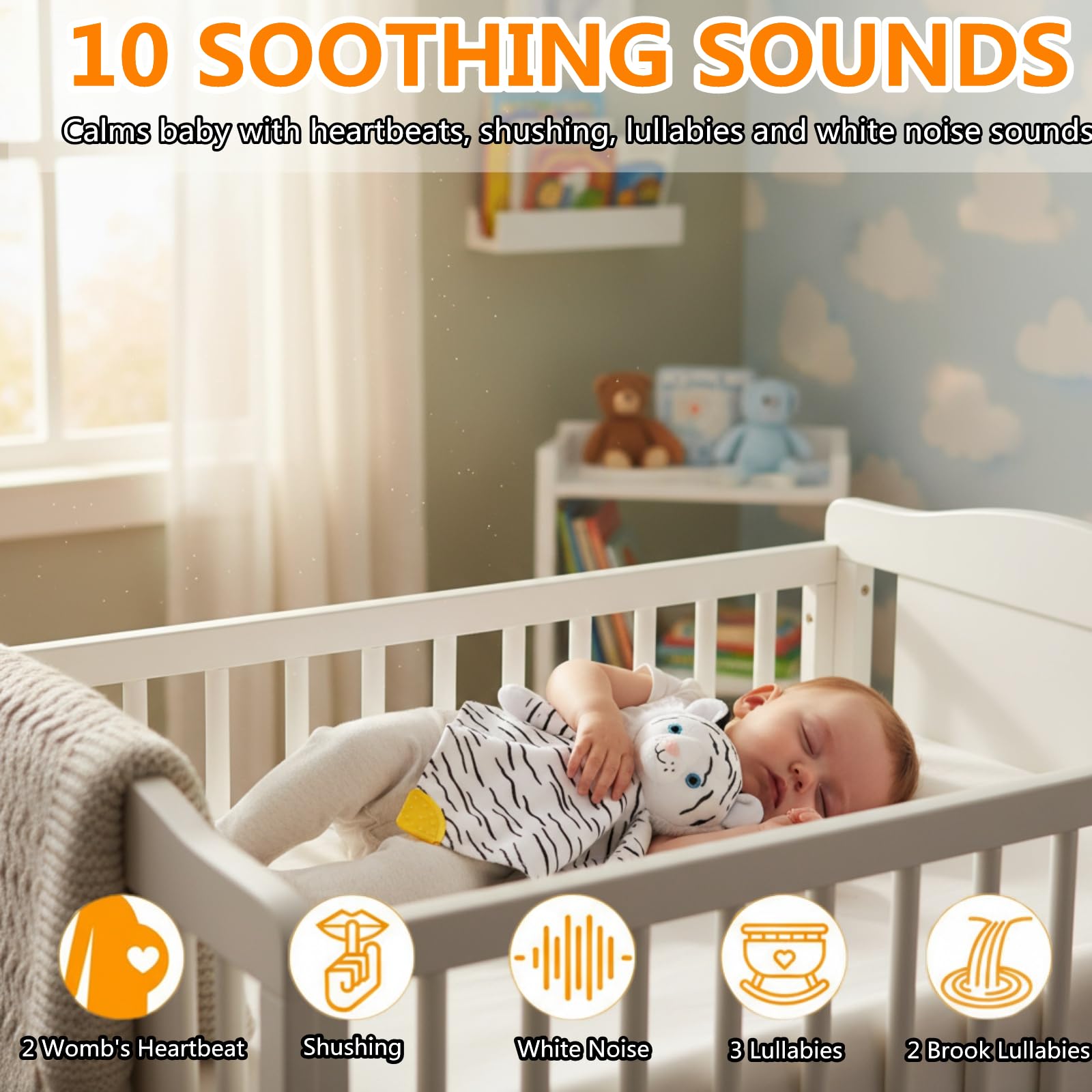 BEREST sleep soother offers 10 sounds including heartbeat and lullabies for peaceful naps.