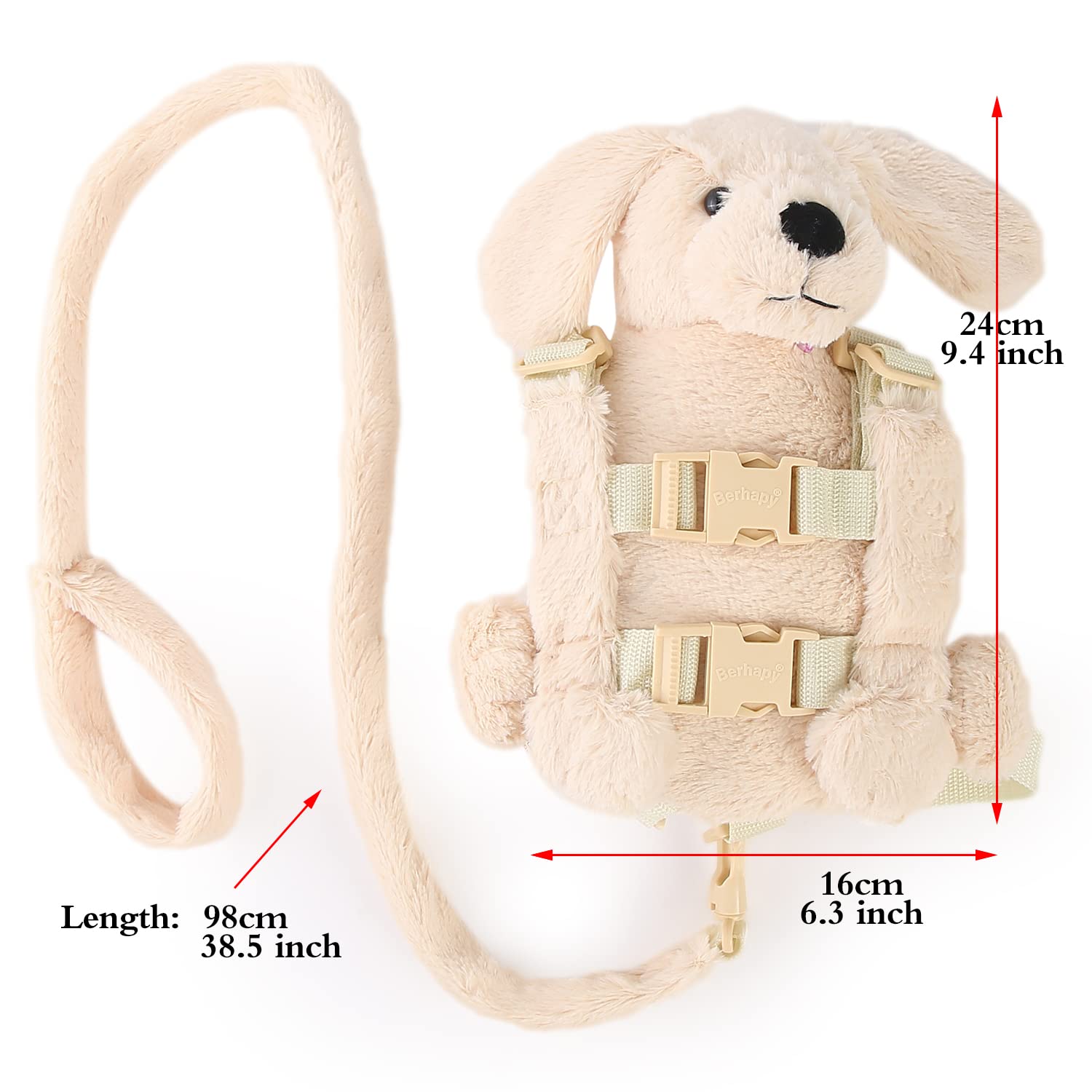 Berhapy removable-traction-belt backpack demonstrates dual-function as plush toy when detached.