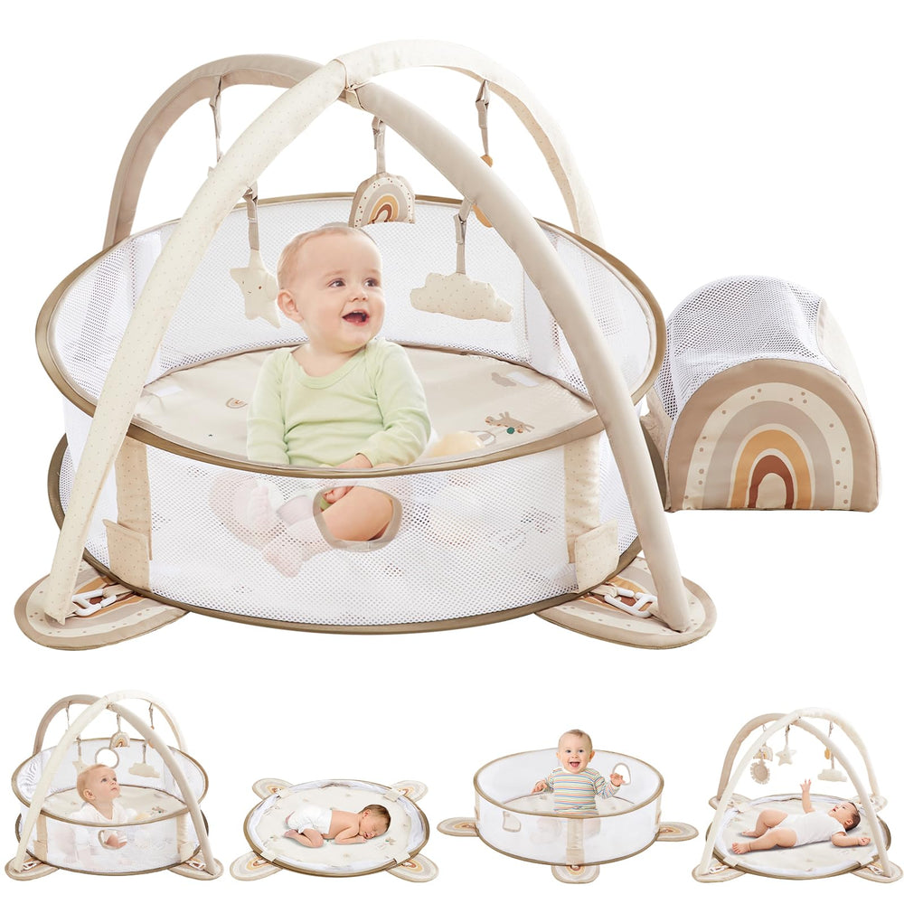 Beright 5-in-1 baby gym rainbow offers a spacious tummy-time play area.
