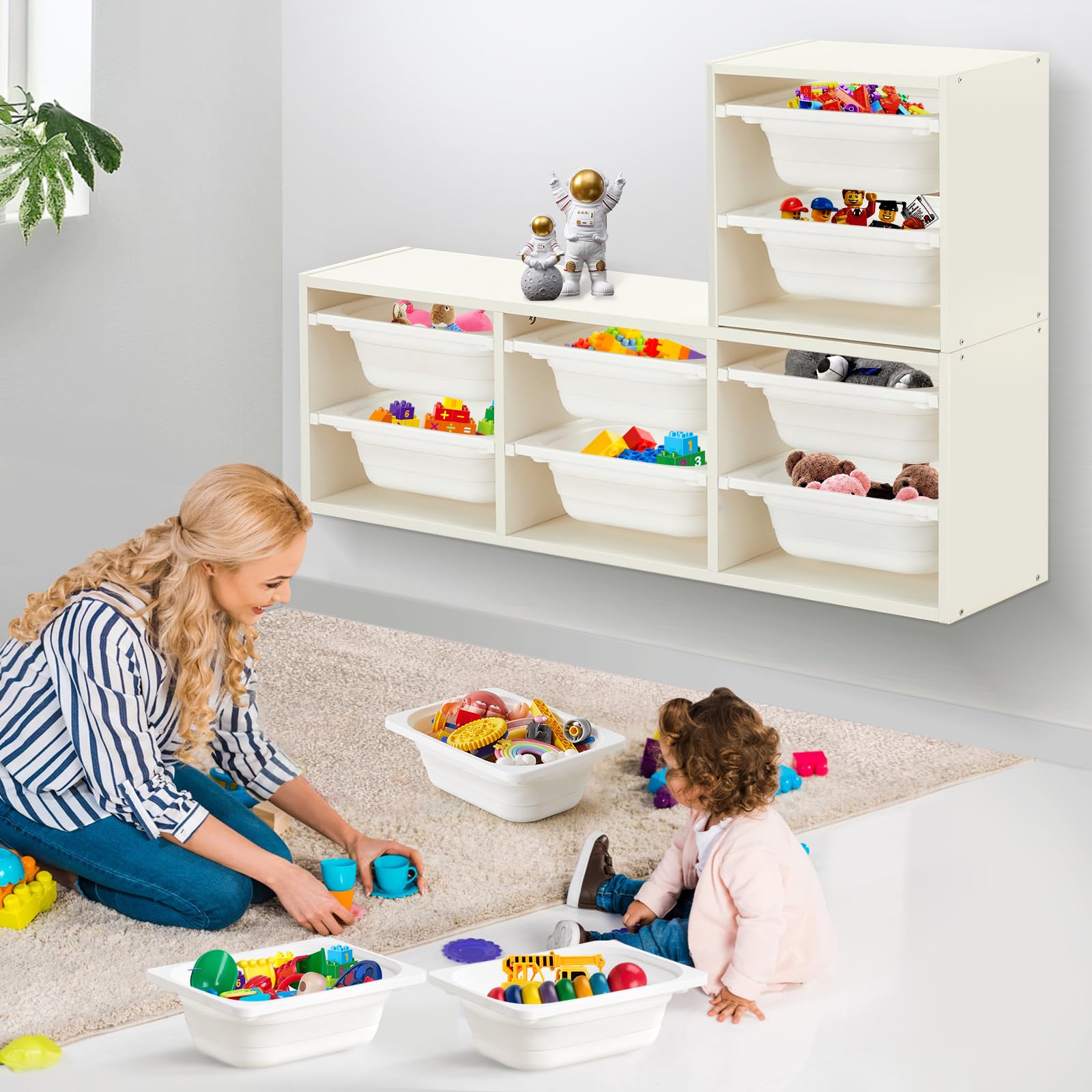 Beright playroom storage setup keeps daily items within kids' reach.