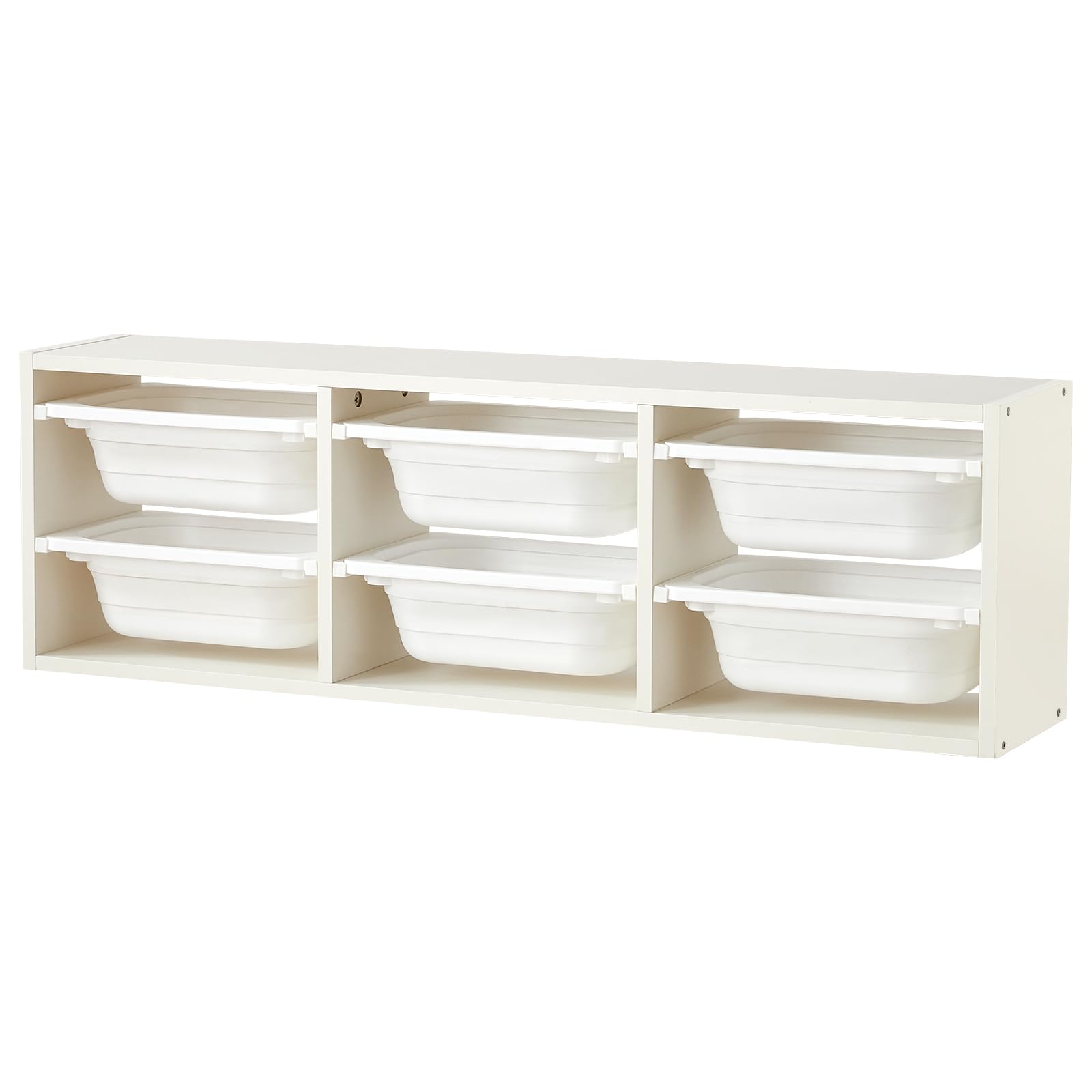 Beright wall storage combination with 6 bins keeps books and toys organized.