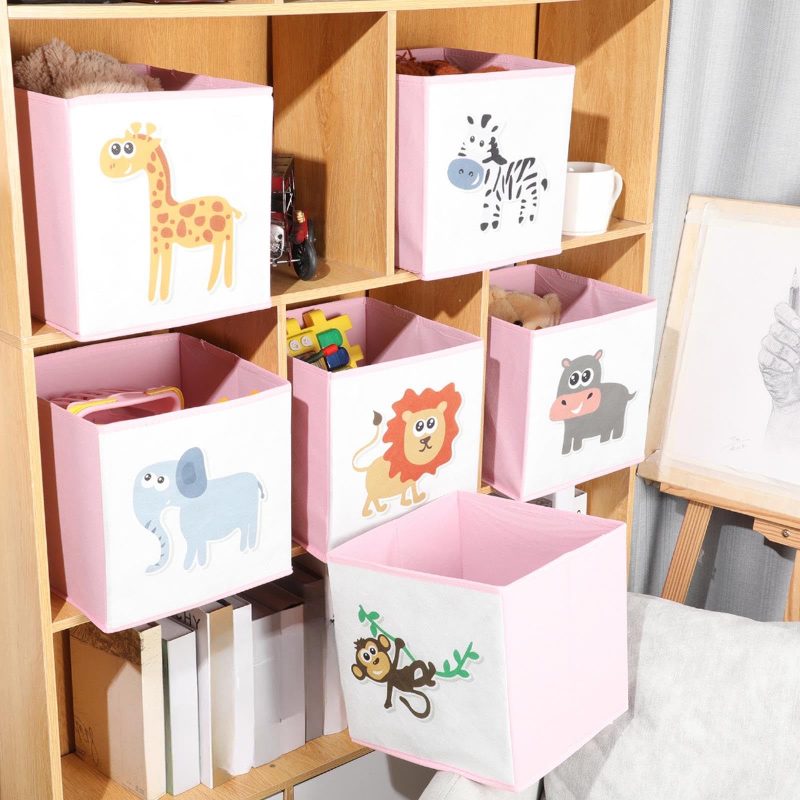 Berlune in-room organization example – pink animal boxes brighten kids' playroom
