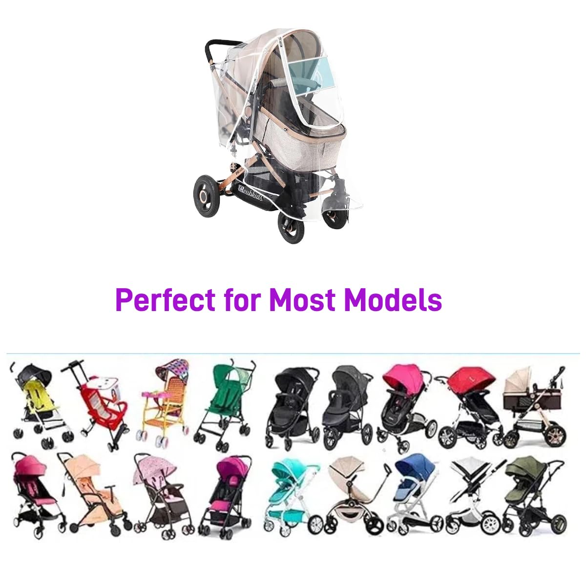 Berocia universal-fit rain cover compatible with most stroller sizes.