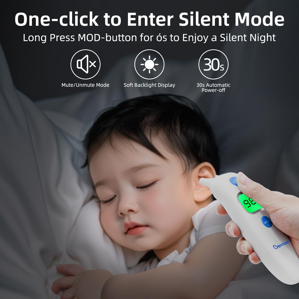 Berrcom 3-in-1 thermometer ear mode demonstrates quick fever screening.