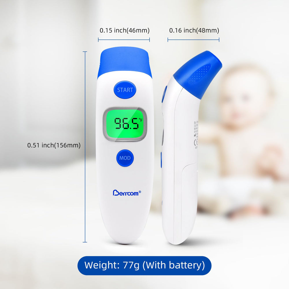 Berrcom 3-in-1 thermometer in-the-box image confirms included batteries and manuals.