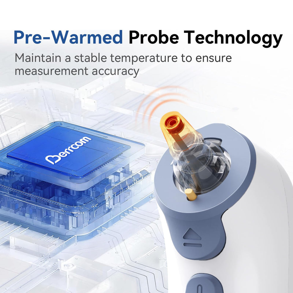 Berrcom Ear Thermometer showing age precision mode suitable for infants and adults.