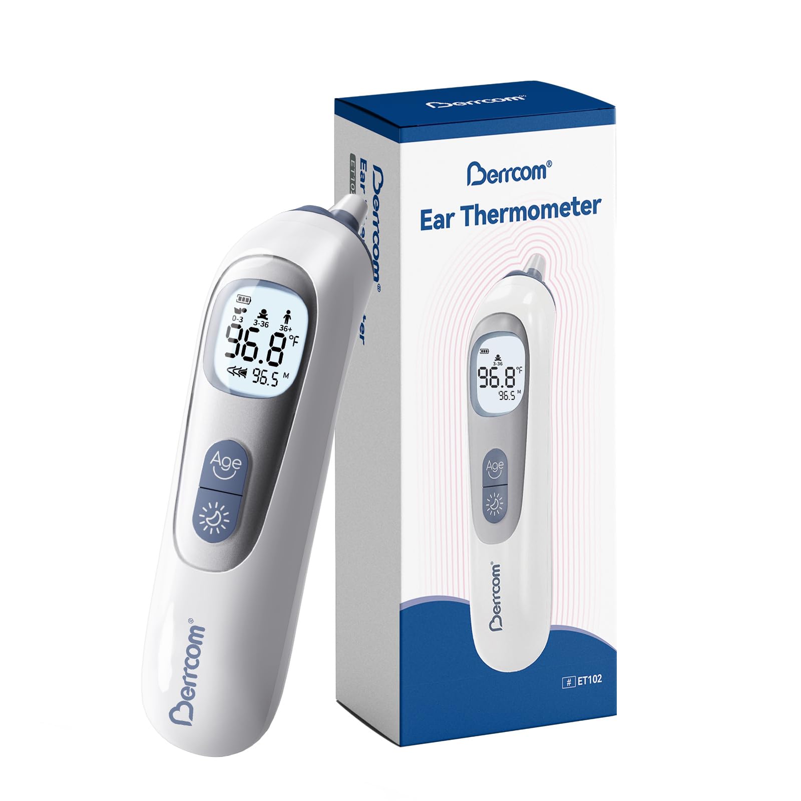 Berrcom Ear Thermometer kit contents including case and batteries.