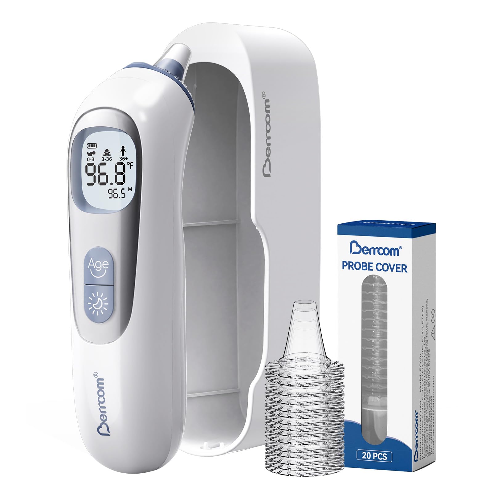 Berrcom Ear Thermometer with heated tip for quick, precise readings at home.