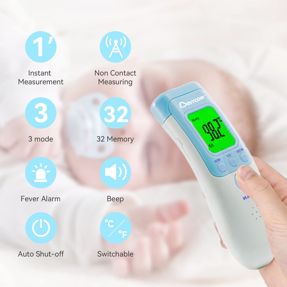 Berrcom 3-in-1 thermometer measures body, room, and object temperatures.