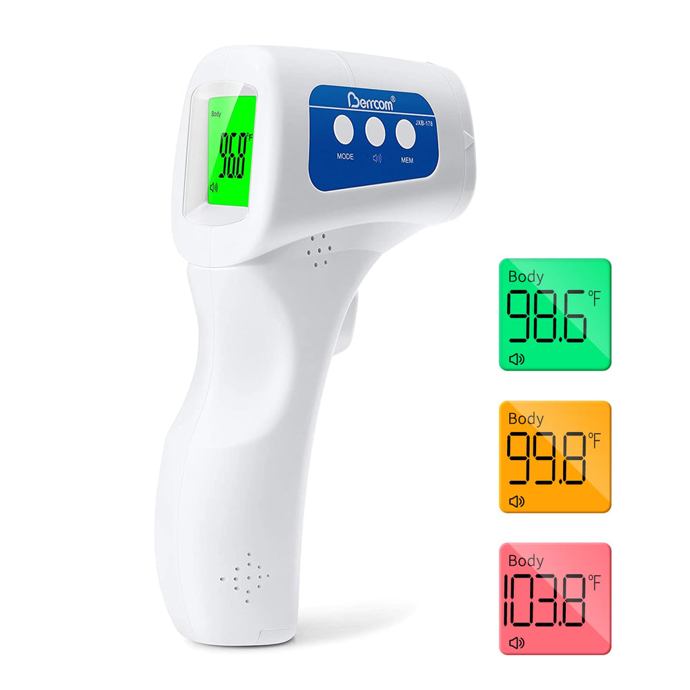 Berrcom forehead thermometer display offers fast fever screening at a glance.