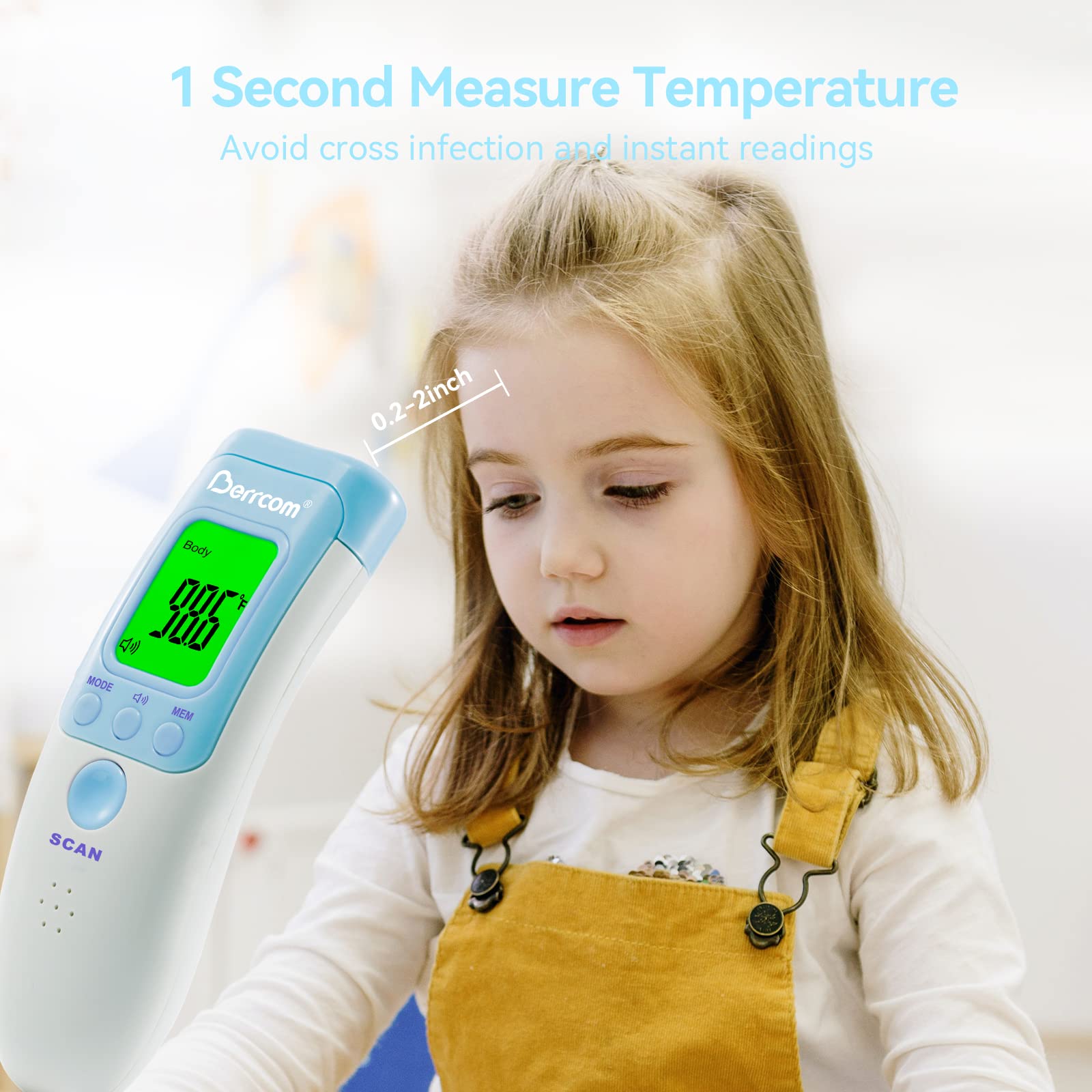 Berrcom thermometer features an audible fever alarm with a mute option for quiet rooms.