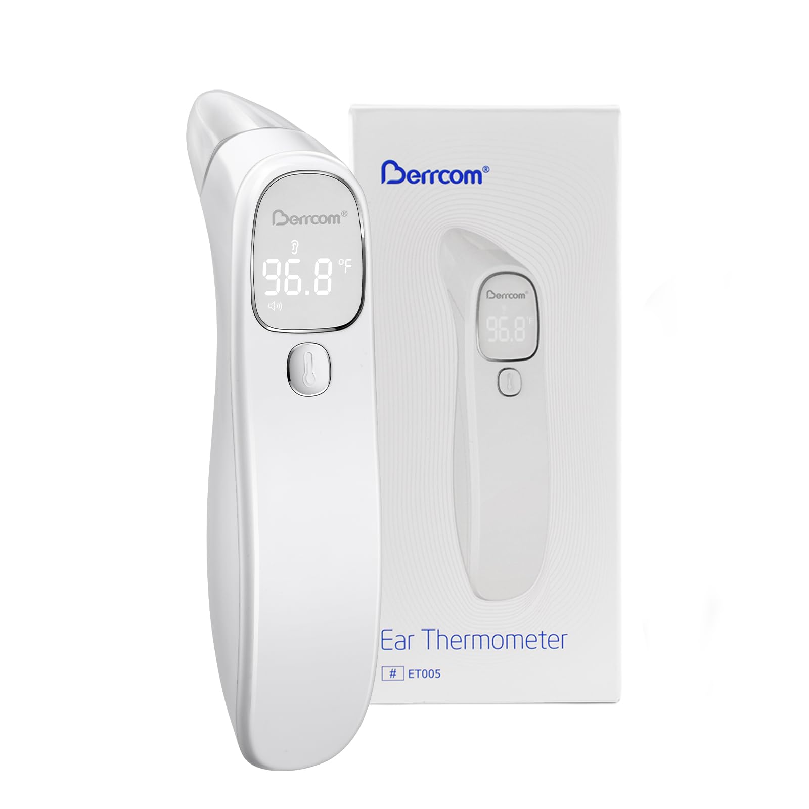 Berrcom forehead thermometer with LED display for fast, non-contact readings.