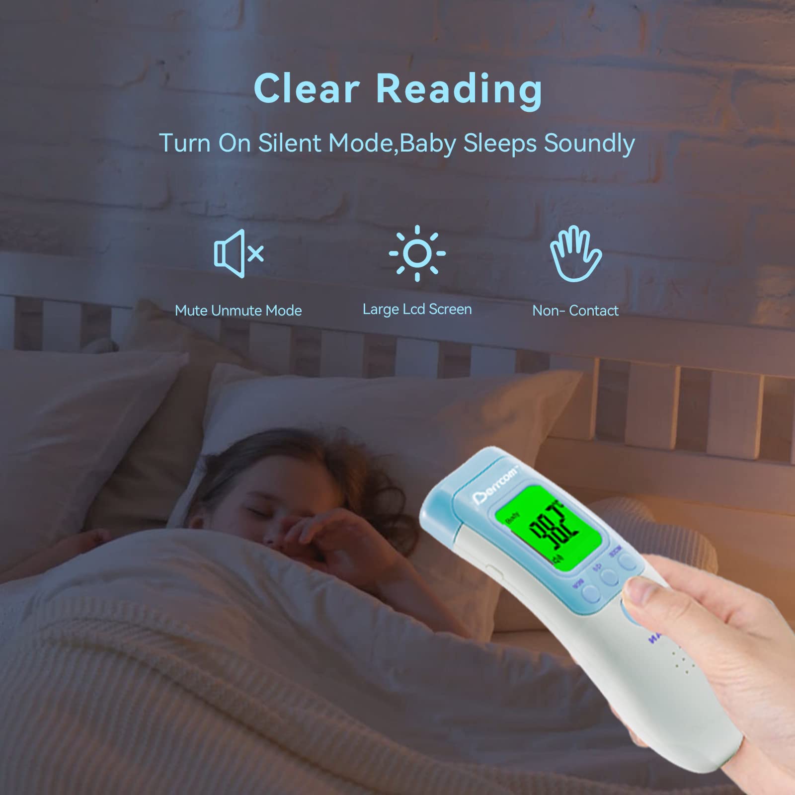 Berrcom forehead thermometer stores up to 32 readings for trend tracking.