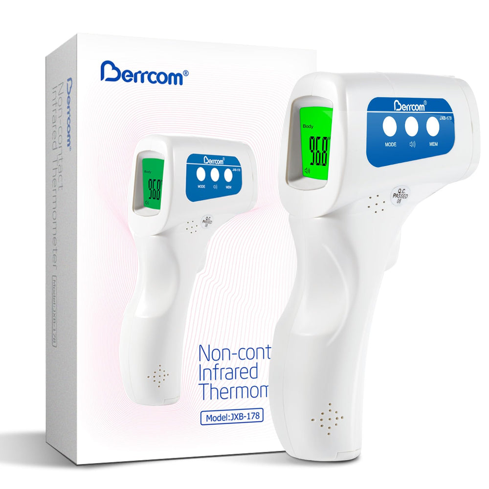 Berrcom JXB-178 front view highlights non-contact thermometer design for quick checks.