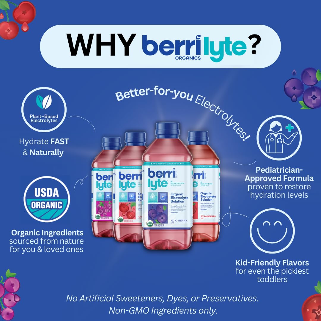 BERRILYTE strawberry elderberry drink — flavorful, natural electrolyte option for kids.