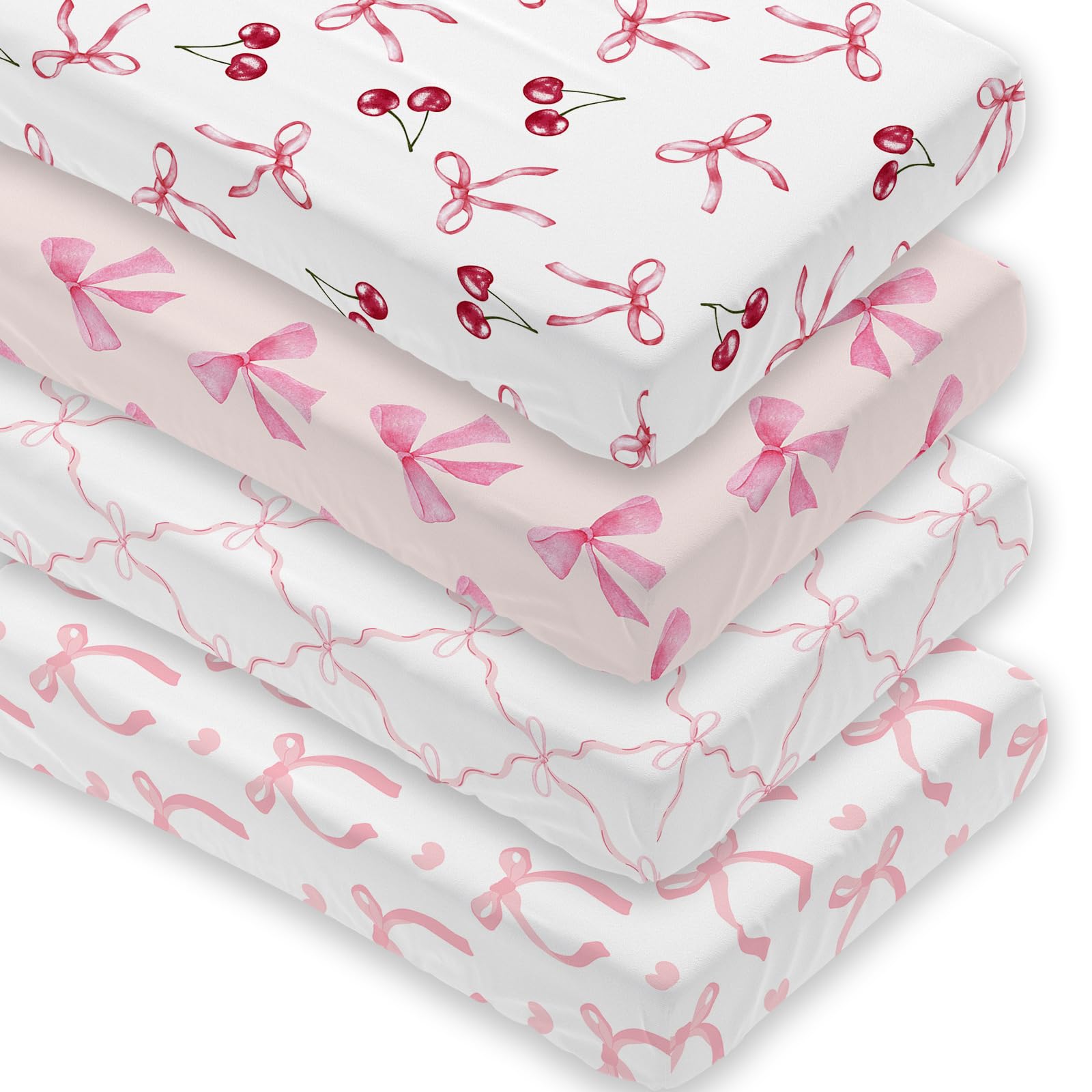 Besaomeom 4-pack pink bow crib sheet with secure fit for standard cribs.