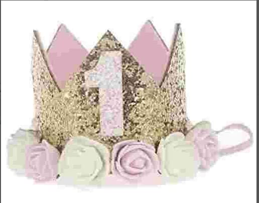 Besker baby birthday crown flower tiara headband with glitter gold for first birthday photos