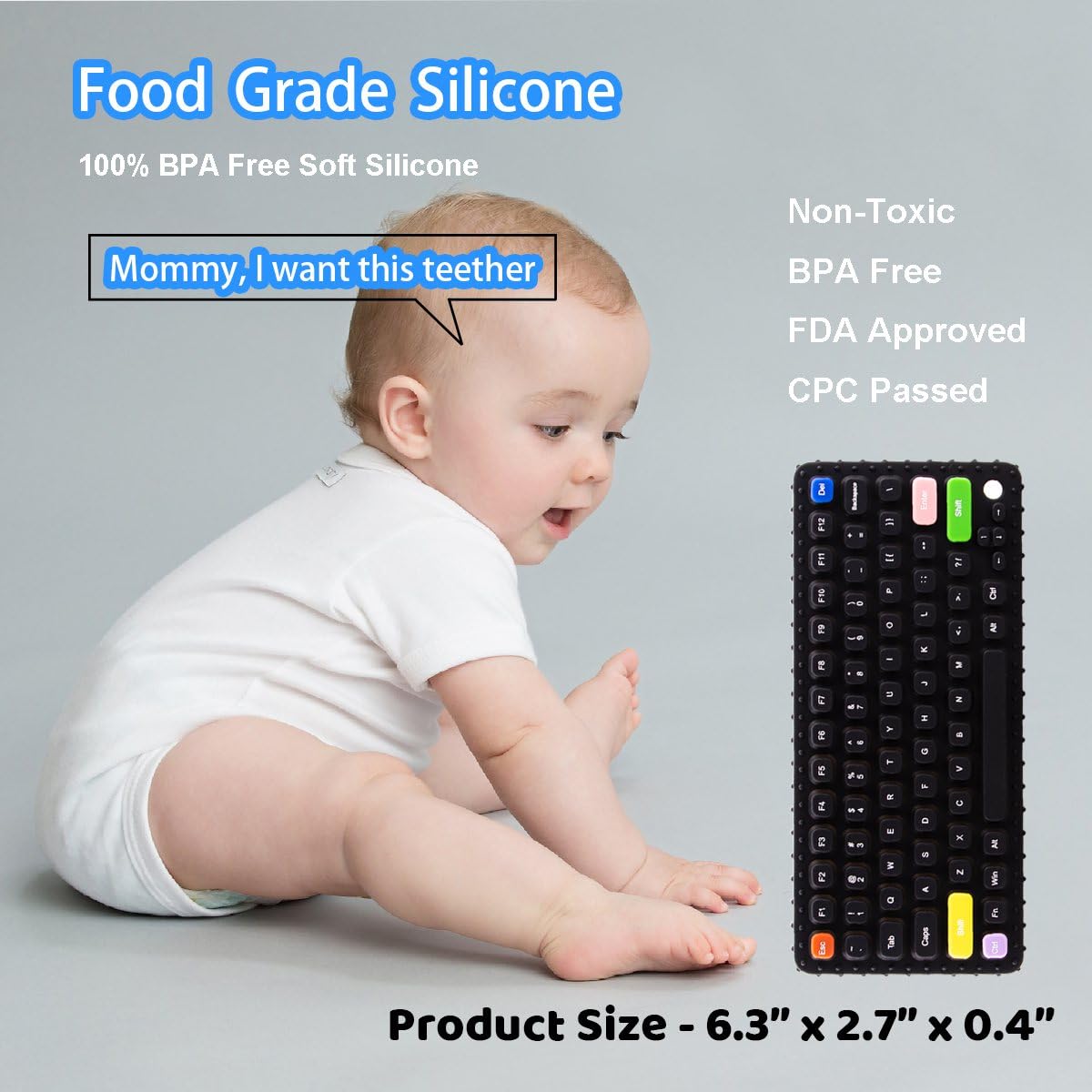 Besosay keyboard teether closeup highlights soft silicone texture for teething relief.