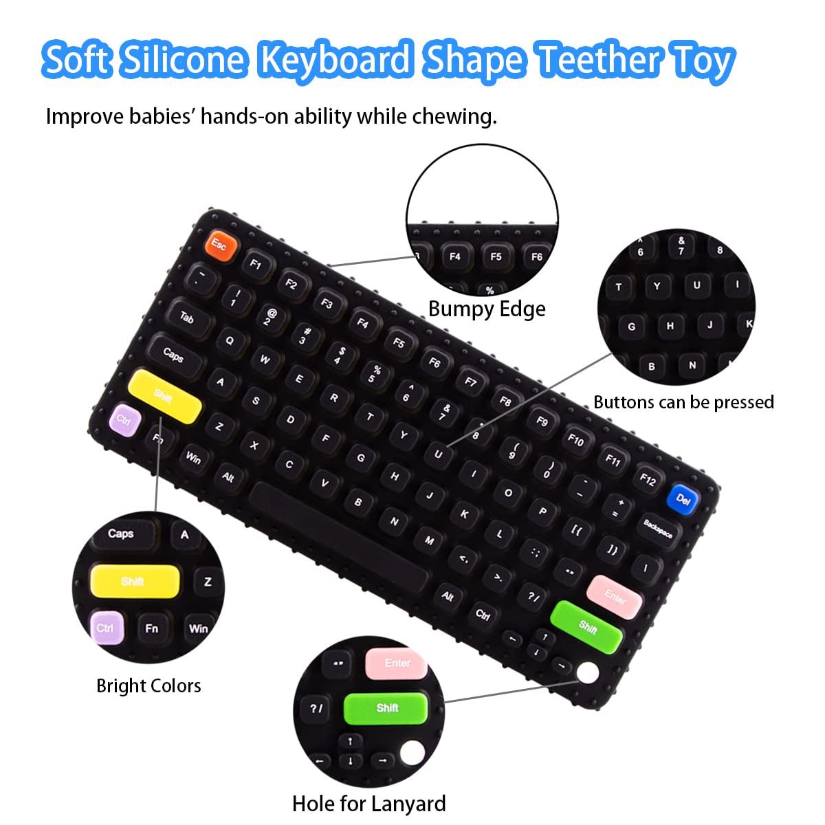Besosay keyboard teether size fits small hands for easy grasp and chew.