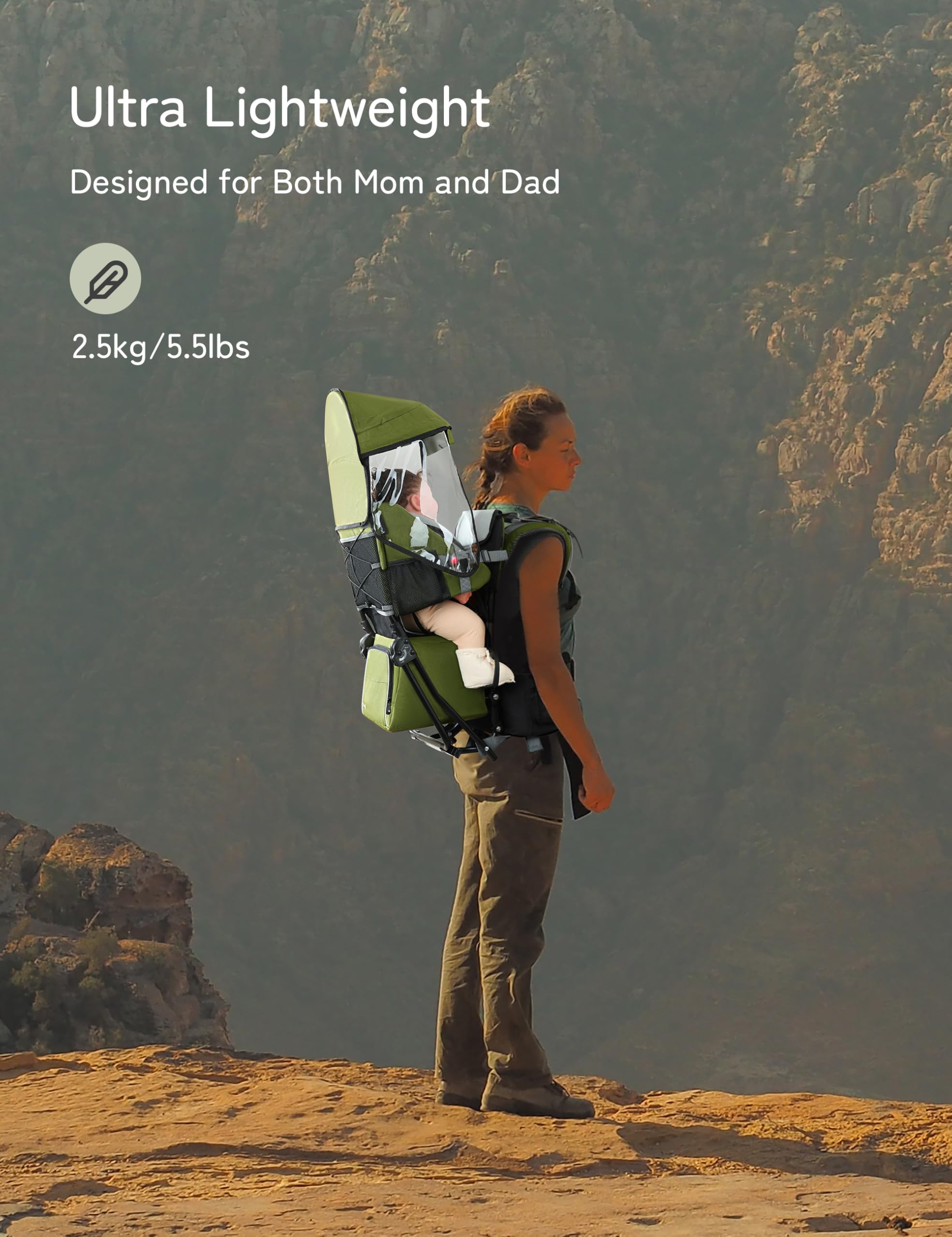 Besrey army green carrier with 3-height seat indicating growing toddler support