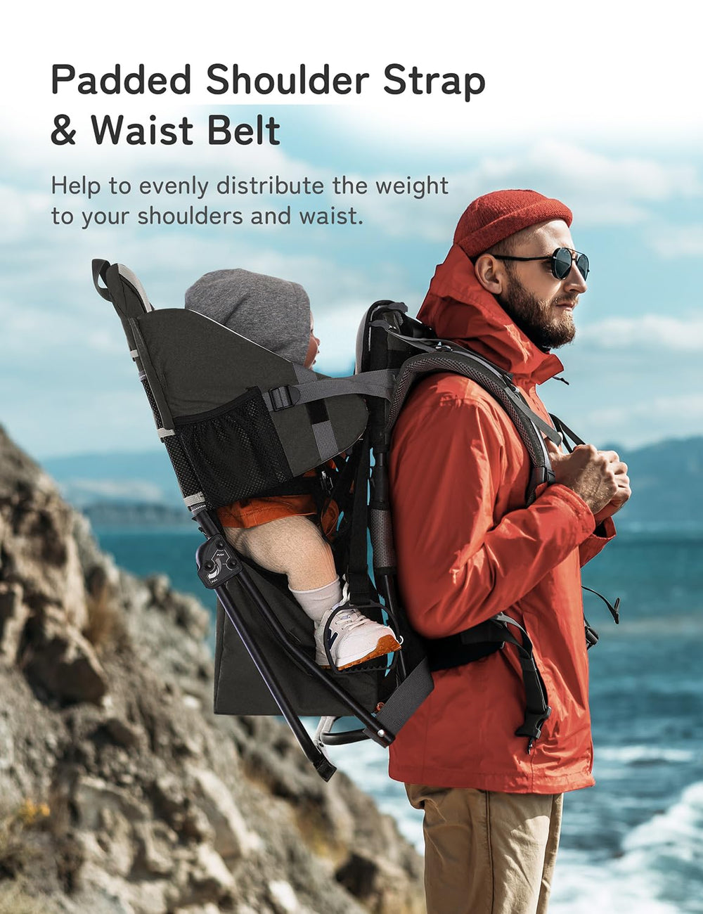 Besrey baby backpack carrier side view shows comfortable fit for diverse parents.