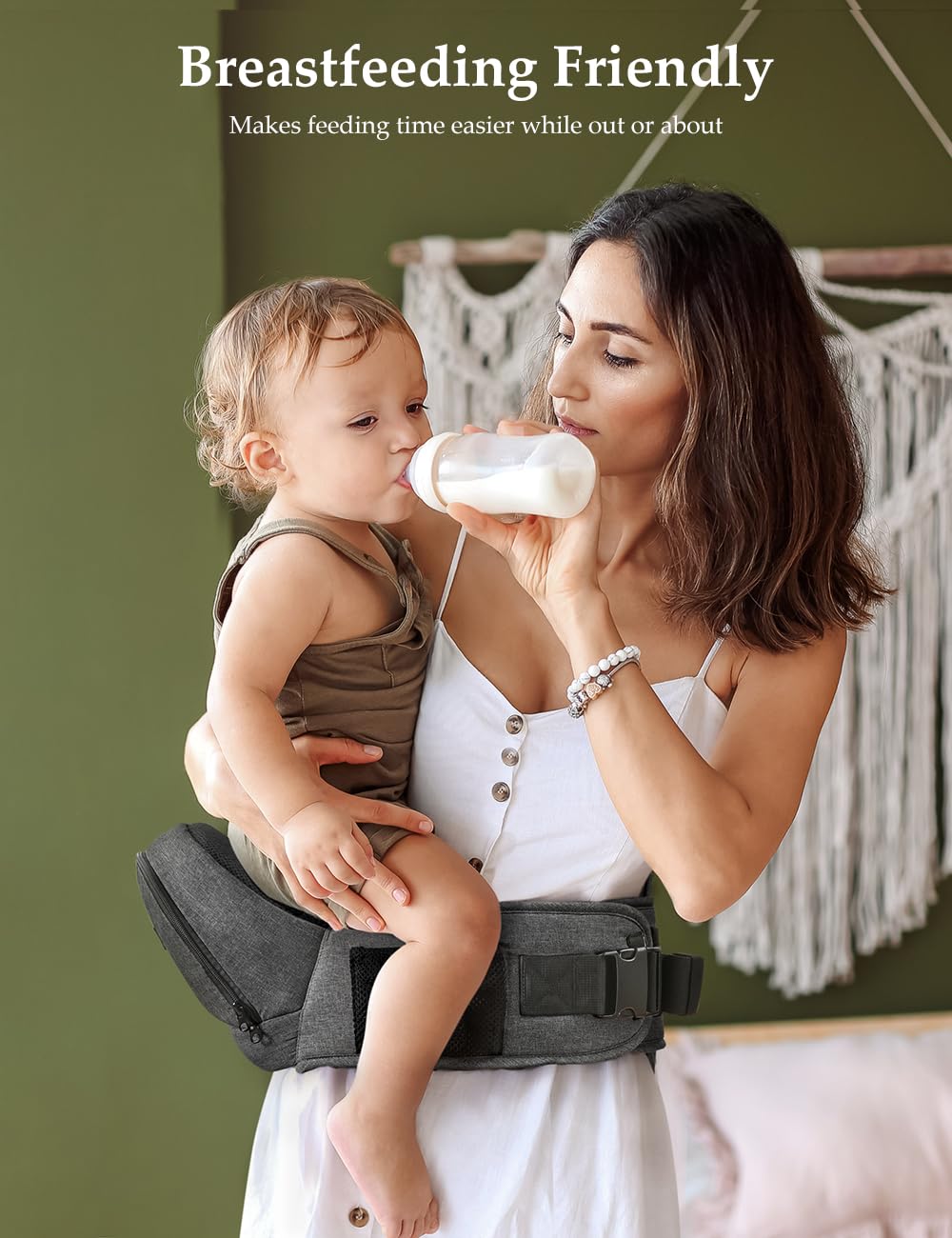 Besrey feeding-friendly seat supports nursing or bottle-feeding on the go.