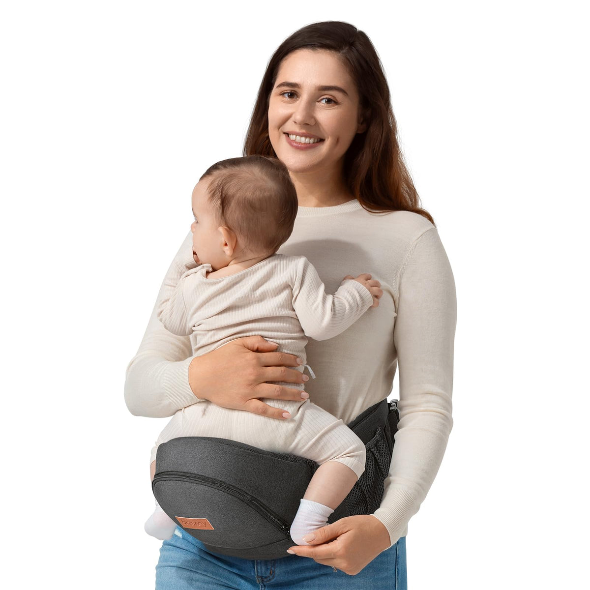 Besrey baby hip carrier demonstrates ergonomic M-position seating for comfortable carry.