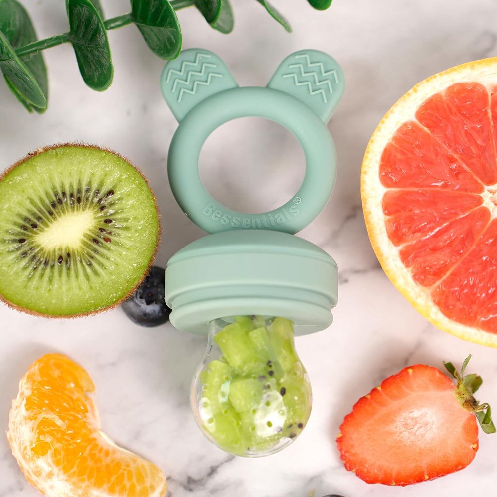 Bessentials Bunny Feeder teething ridges soothe gums during teething bursts.