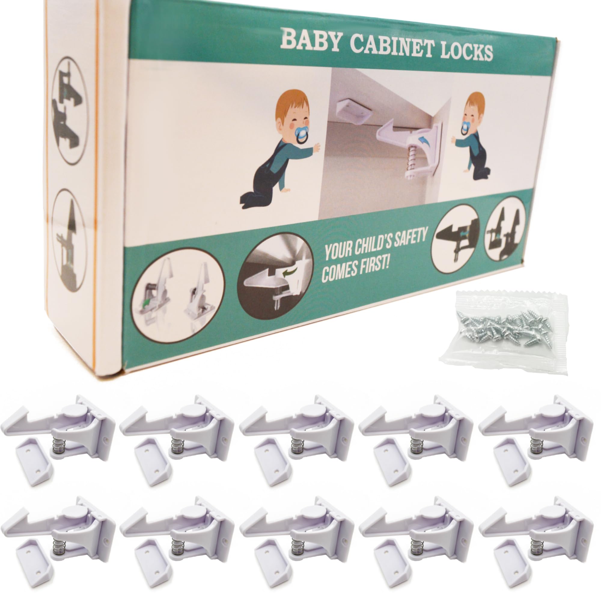 Best Helpers invisible cabinet latch close-up showing secure 10-pack installation for child safety.