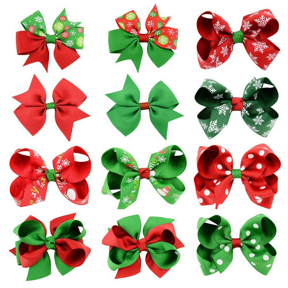 BESTOYARD Christmas bows red and green 12pcs set perfect for festive hairstyles.