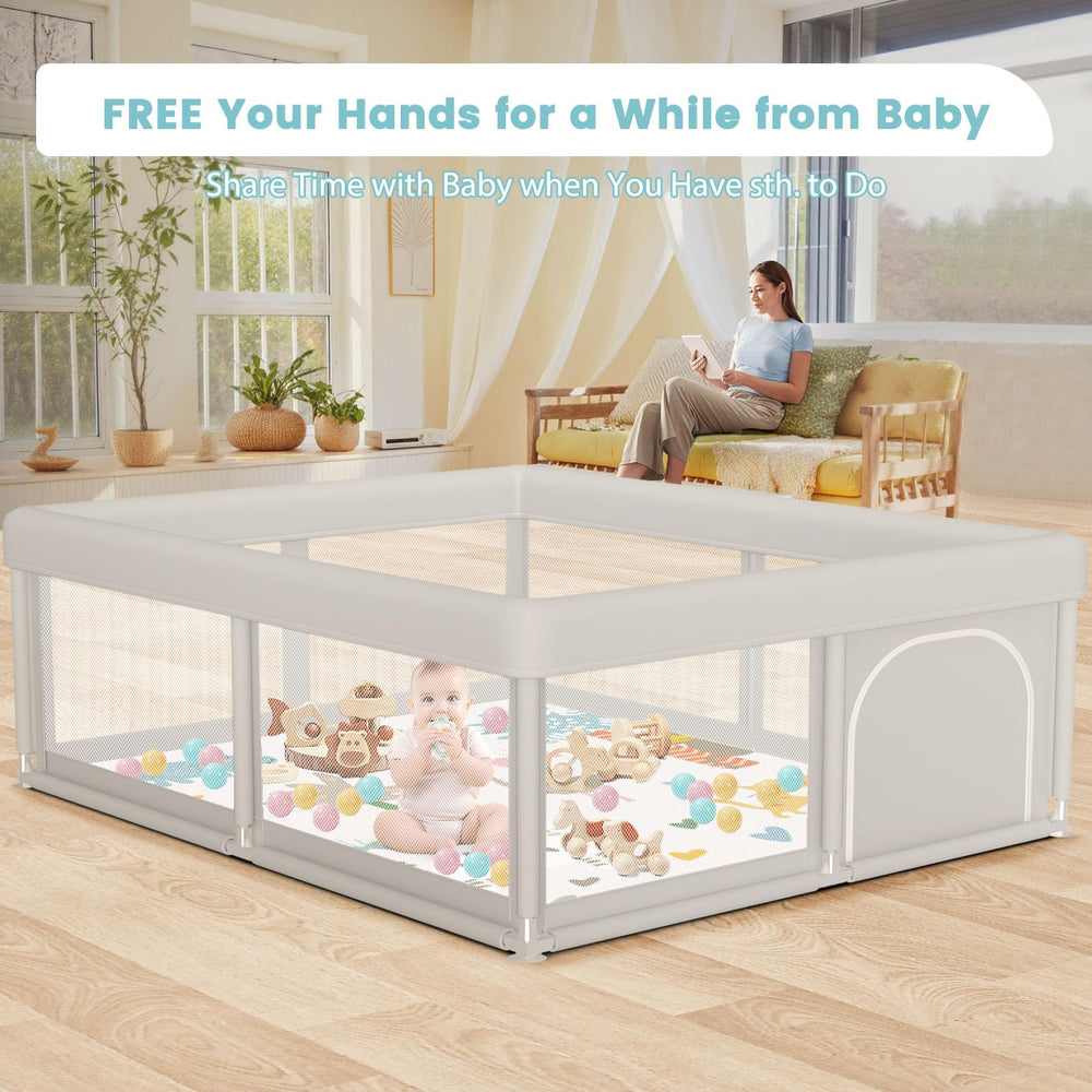 Besuhot baby playpen door gate open shows easy caregiver access for supervision
