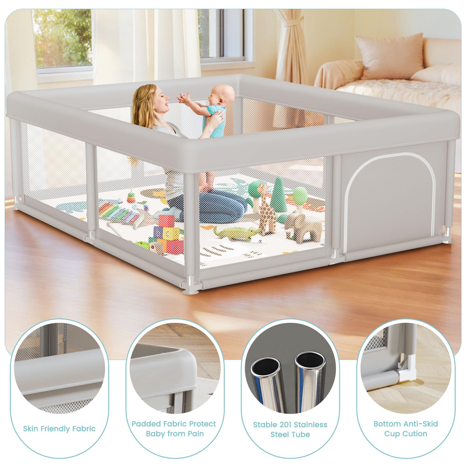 Besuhot playpen frame safe-assembly features rust-proof alloy and ABS joints for stability