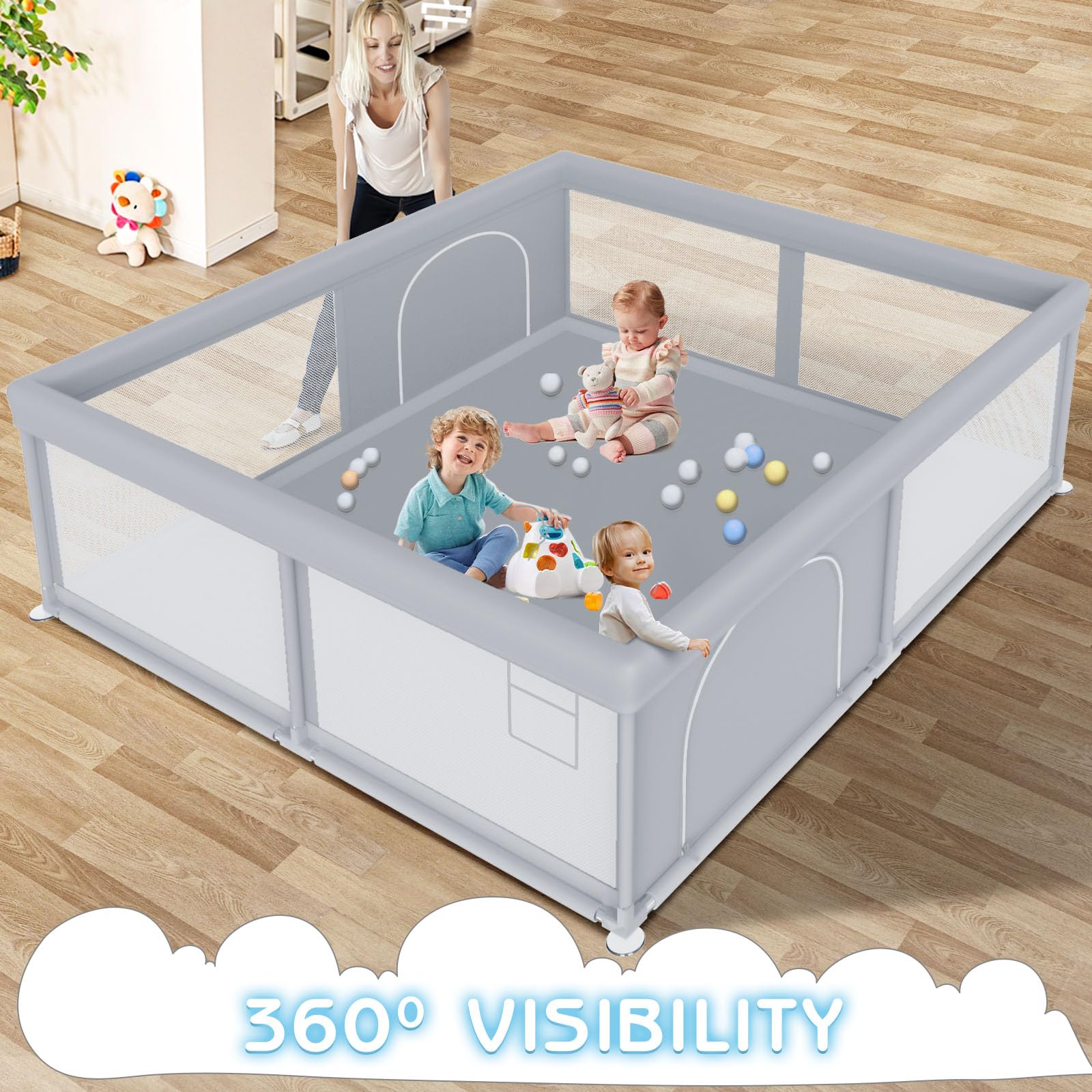Besuhot playpen mesh-walls offer 360-degree visibility for caregiver checks.