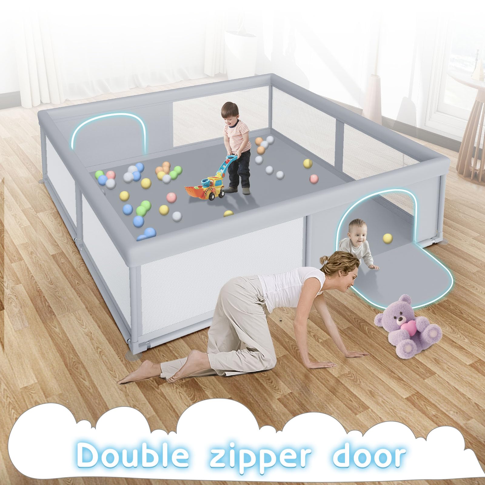 Besuhot playpen safety-top-rail closeup shows soft edges to prevent bumps.