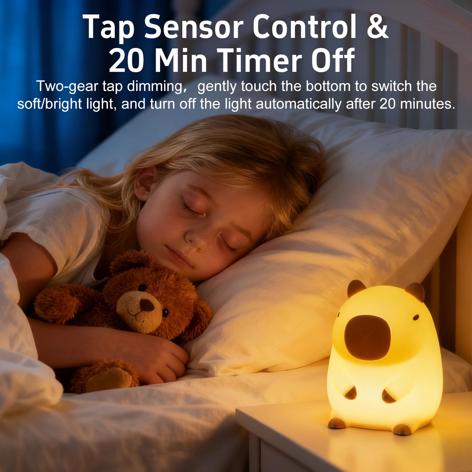 Beszeith Capybara night light displaying a 20-minute timer