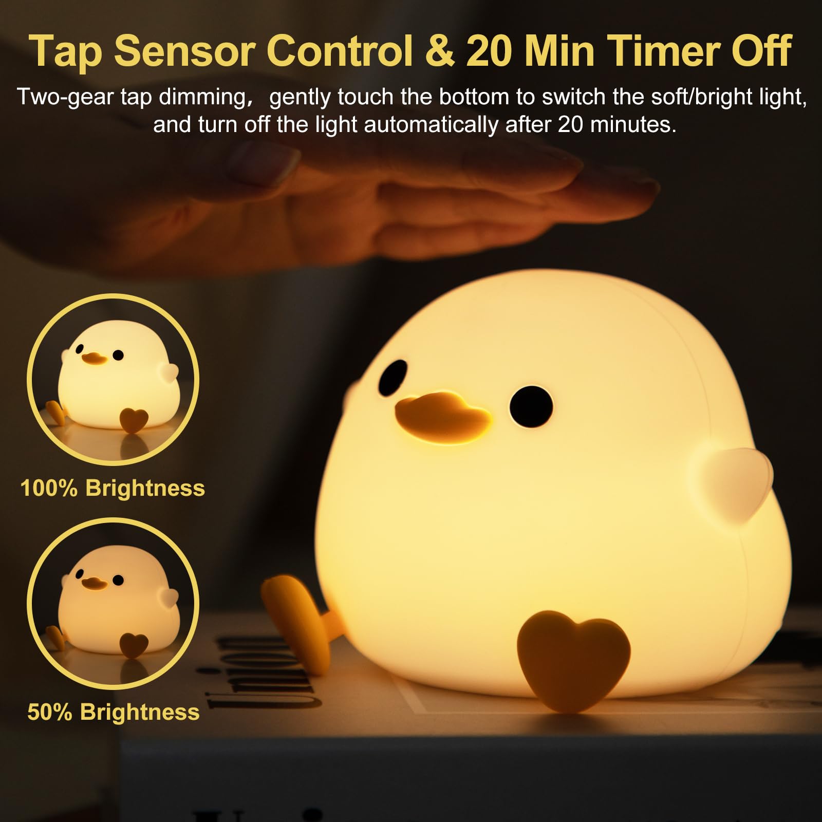 Beszeith DoDo Duck night light in a nursery scene highlighting tactile, BPA-free silicone