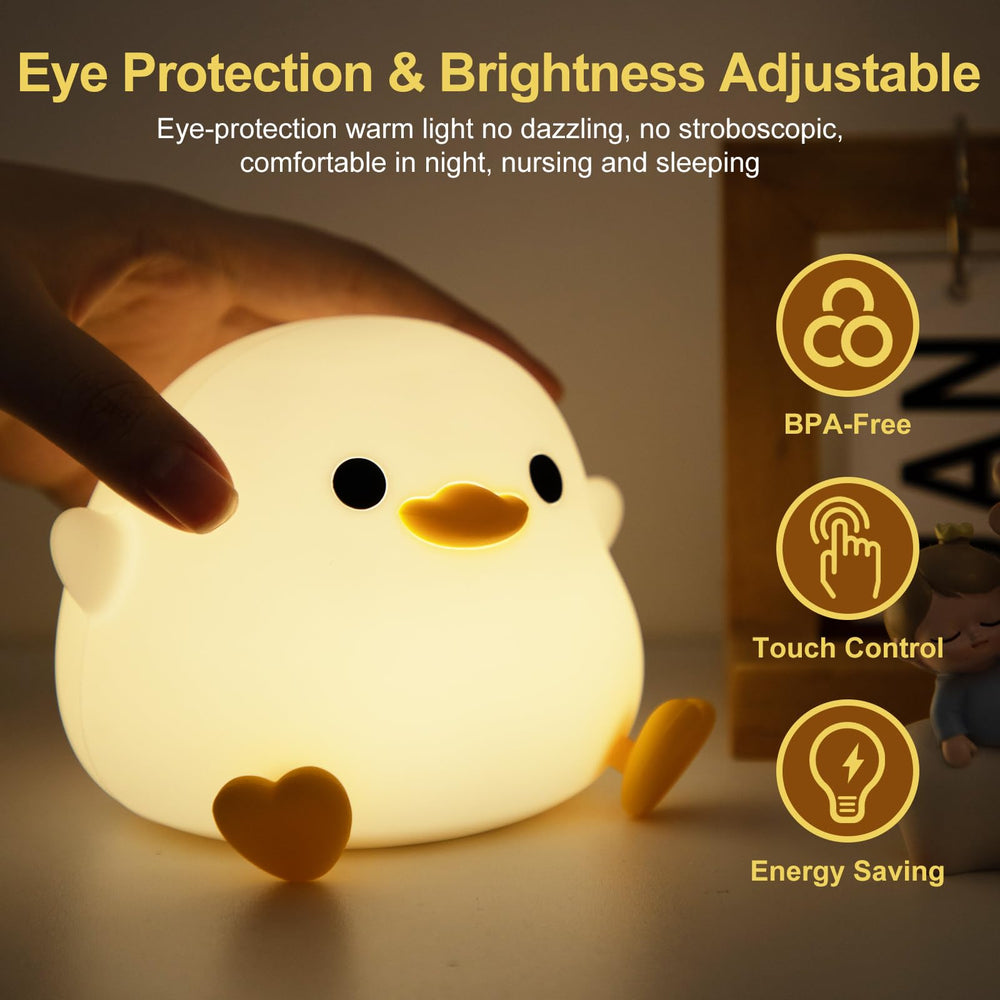 Beszeith DoDo Duck night light on table demonstrates portable, cord-free use