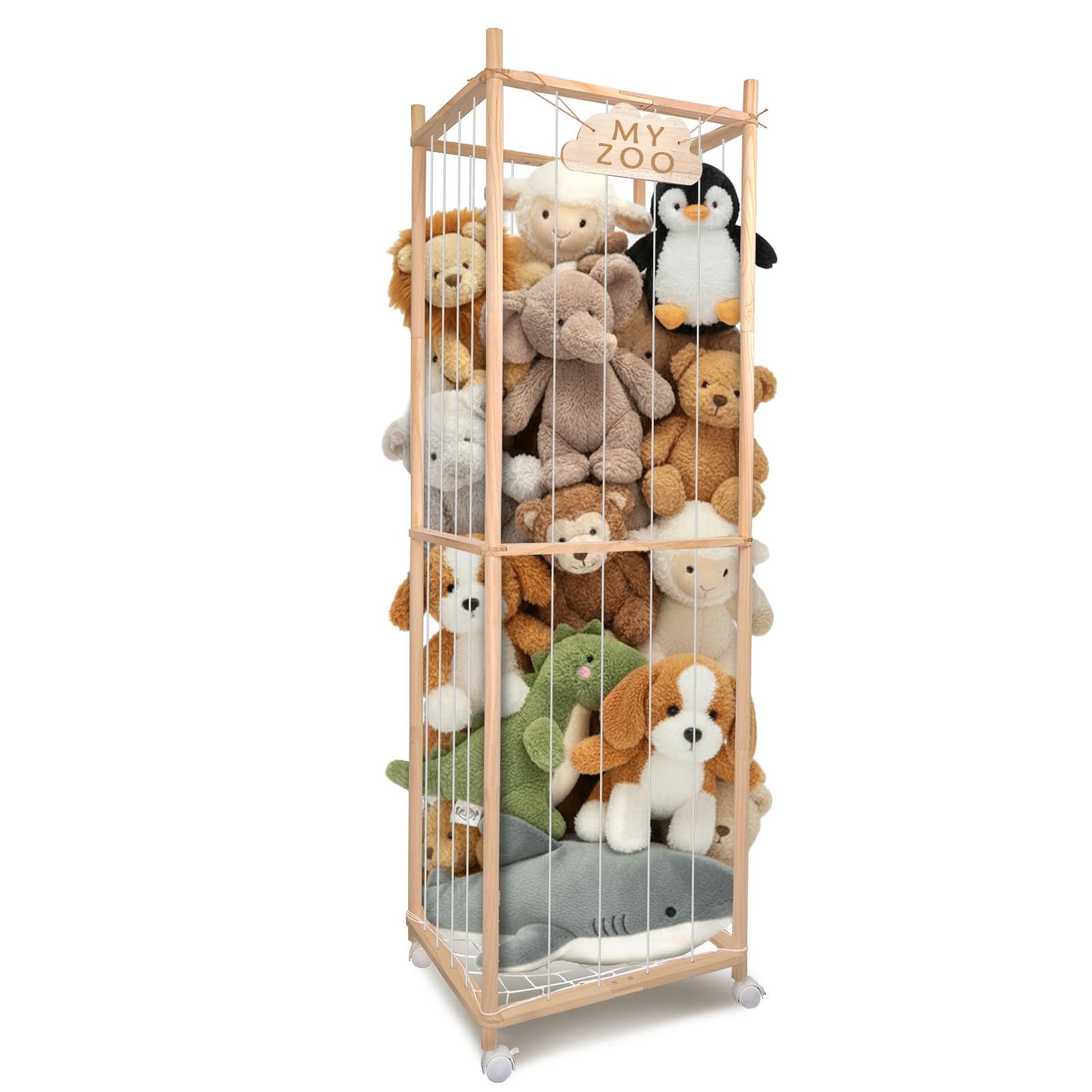 BETBEM stuffed animal storage zoo during assembly showing durable pine wood and wheels