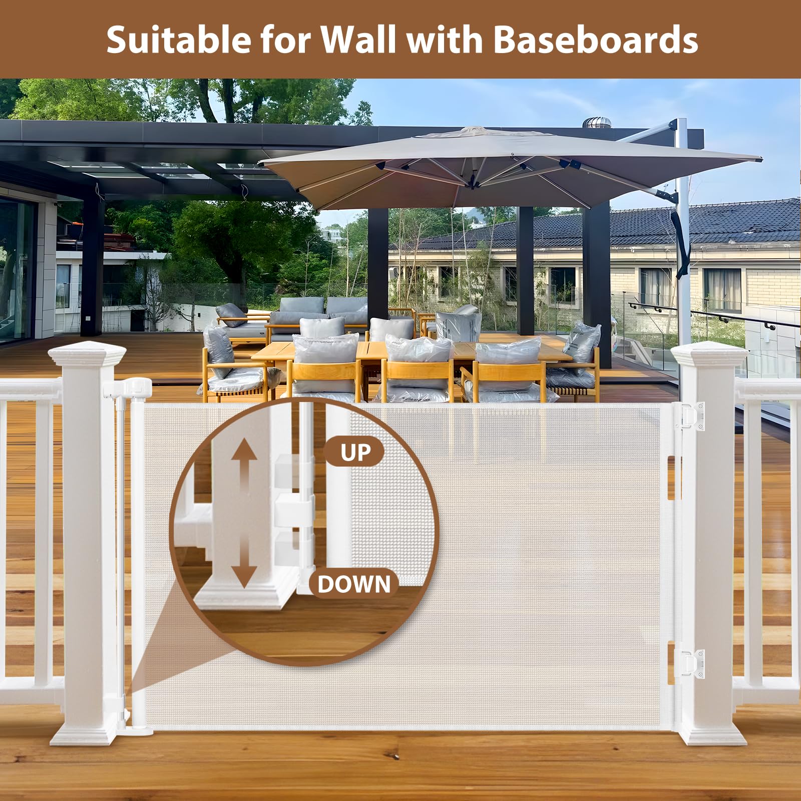 BETERTEK deck scene shows gate installed for child and pet safety.