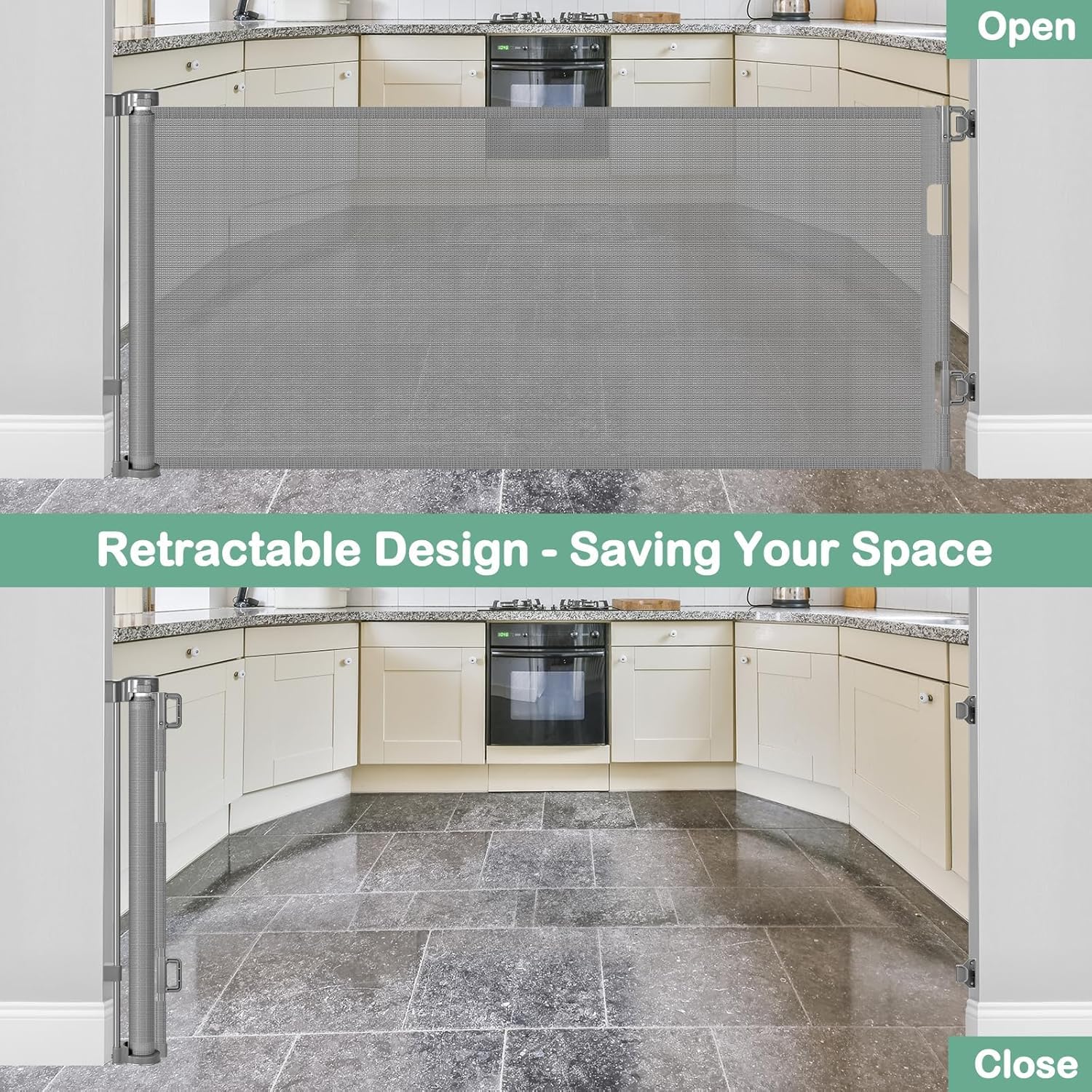 BETERTEK gate on stairs with multi-angle install for open thresholds.