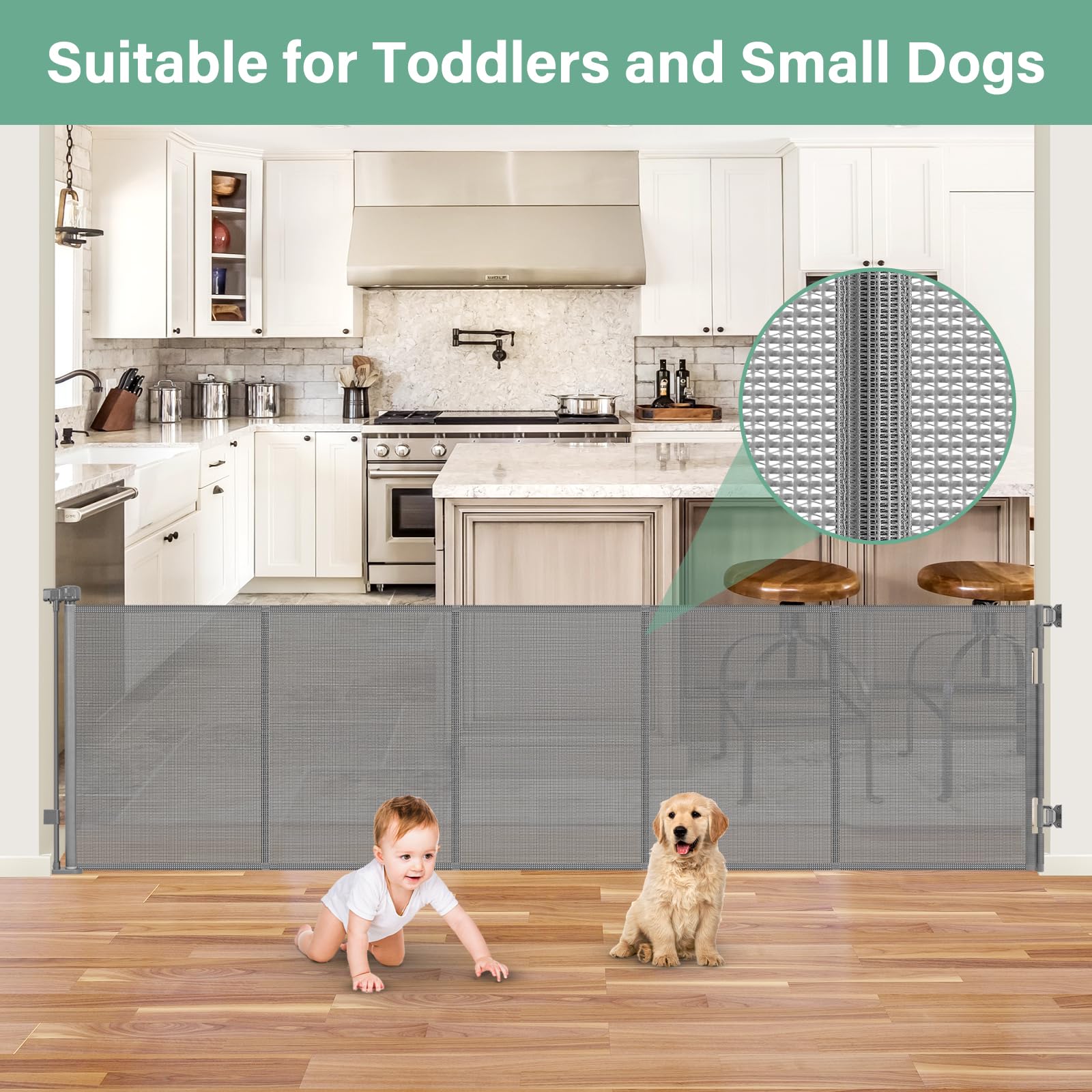 BETERTEK indoor-outdoor gate works in kitchens, hallways, decks, and entryways.