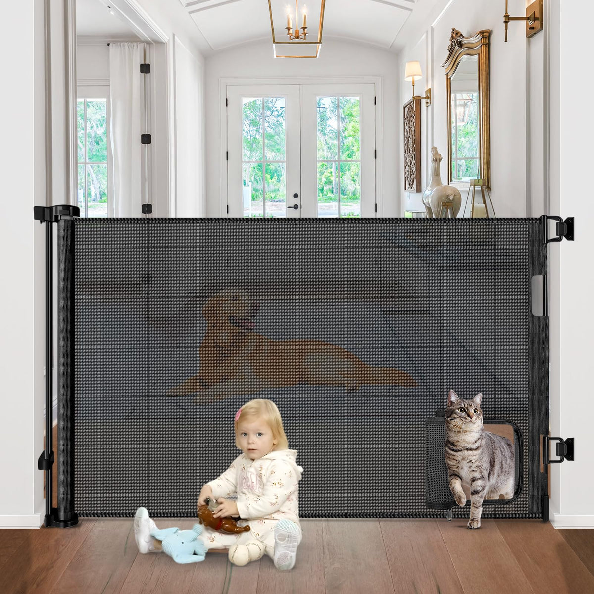 BETERTEK retractable baby gate with cat door closed, safe barrier and pet access.