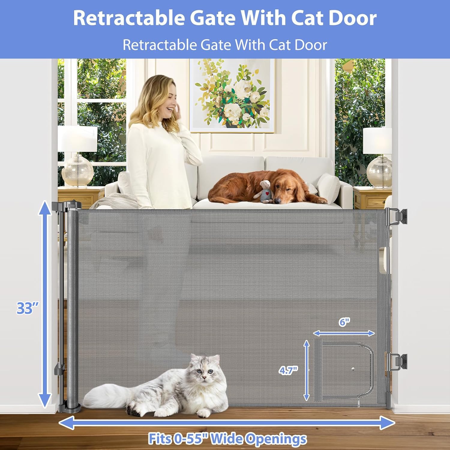 BETERTEK retractable gate cat door one-handed lock demonstrates easy adult operation.