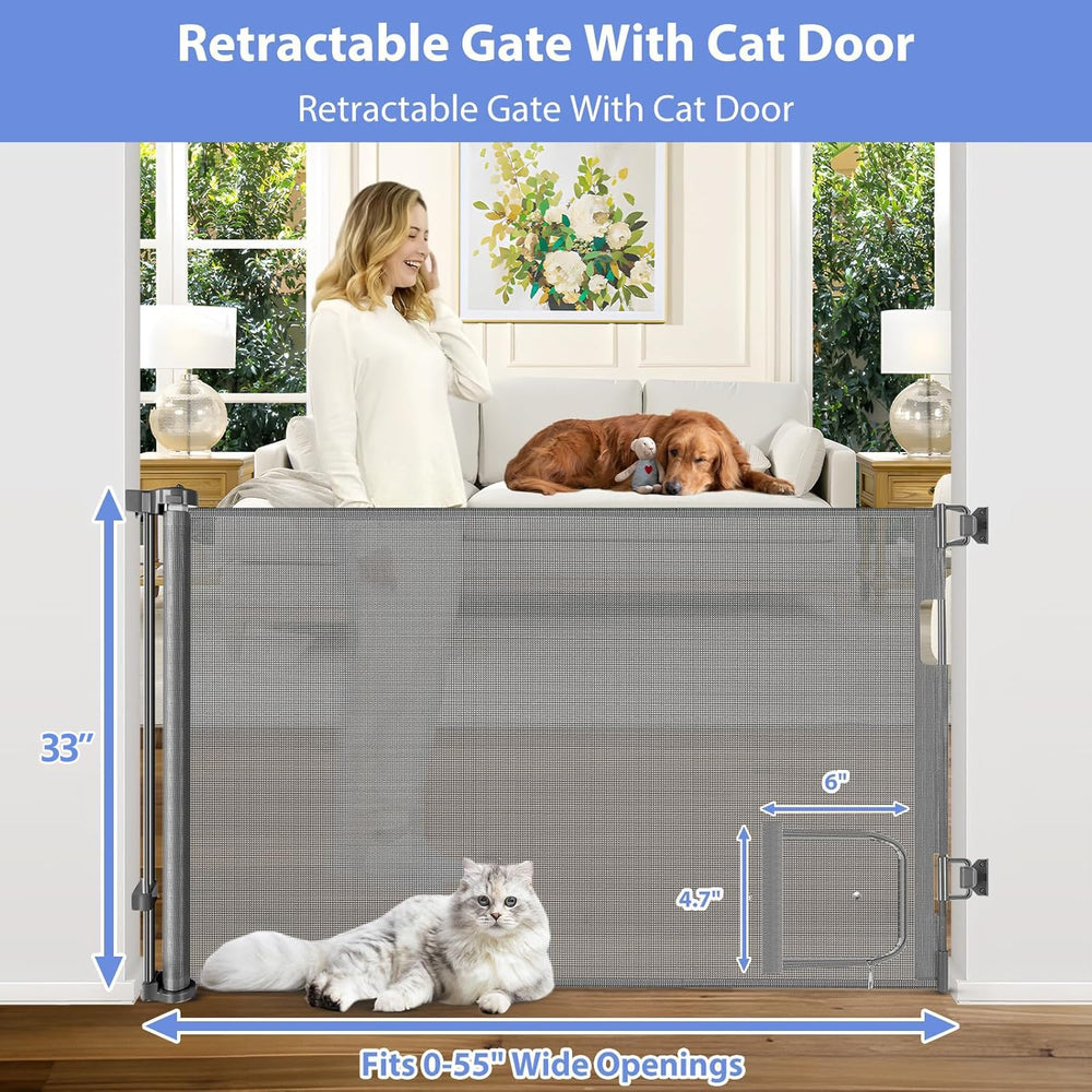 BETERTEK retractable gate cat door one-handed lock demonstrates easy adult operation.