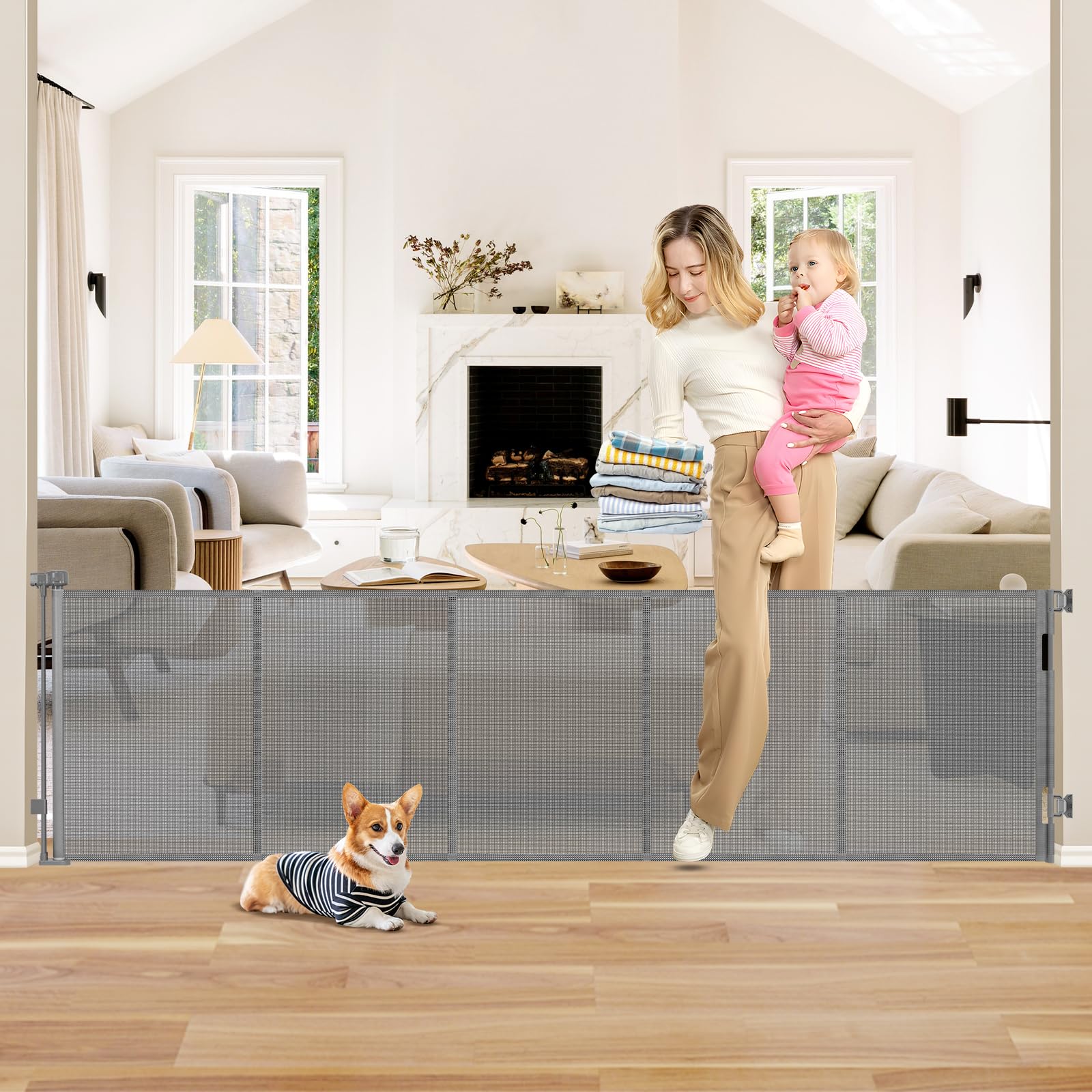 BETERTEK retractable gate 26 tall offers easy step-over access for adults and toddlers' safety.