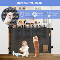 BETERTEK retractable gate dog door closeup shows convenient pet passage while baby plays nearby