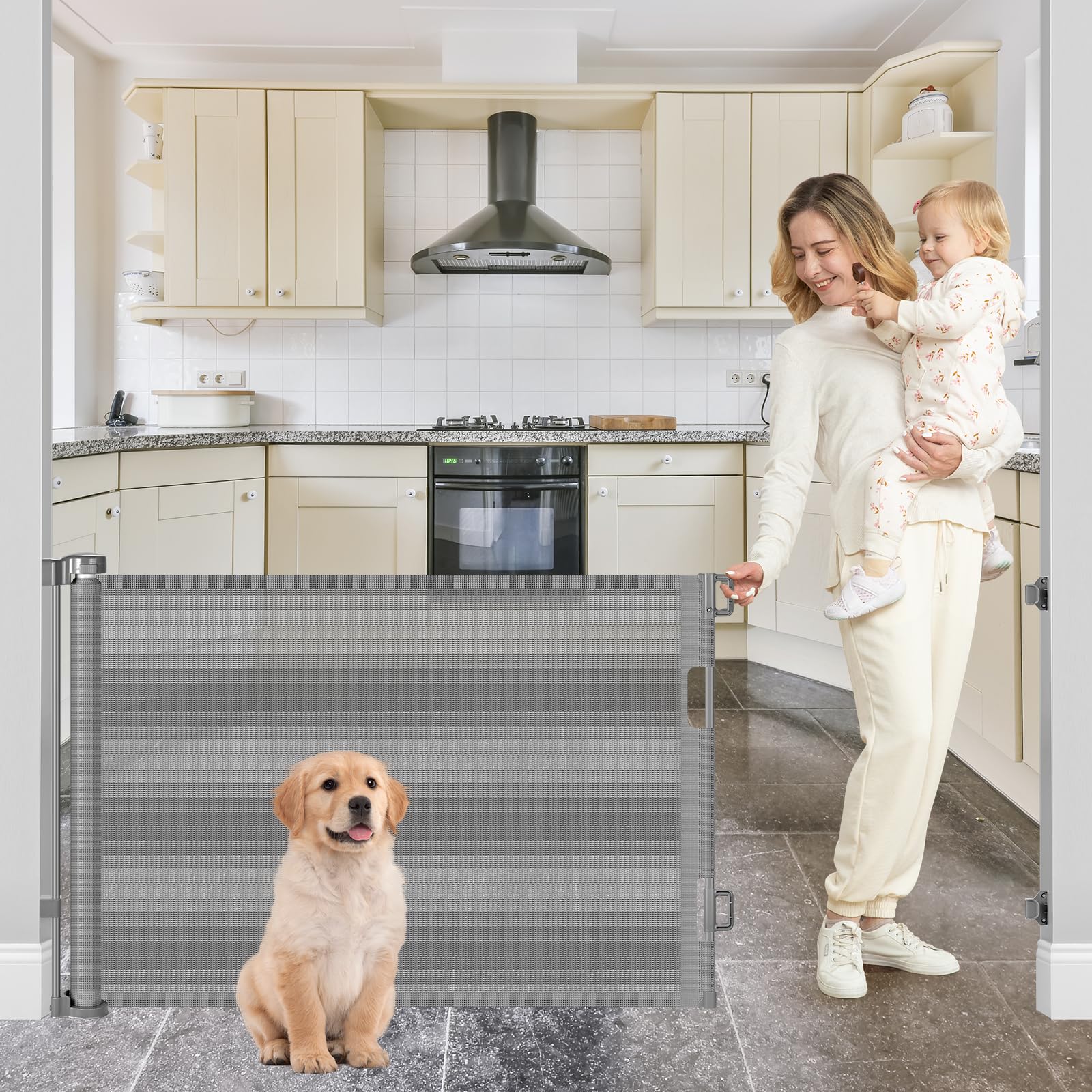 BETERTEK retractable gate in doorway shows one-handed operation for busy parents.