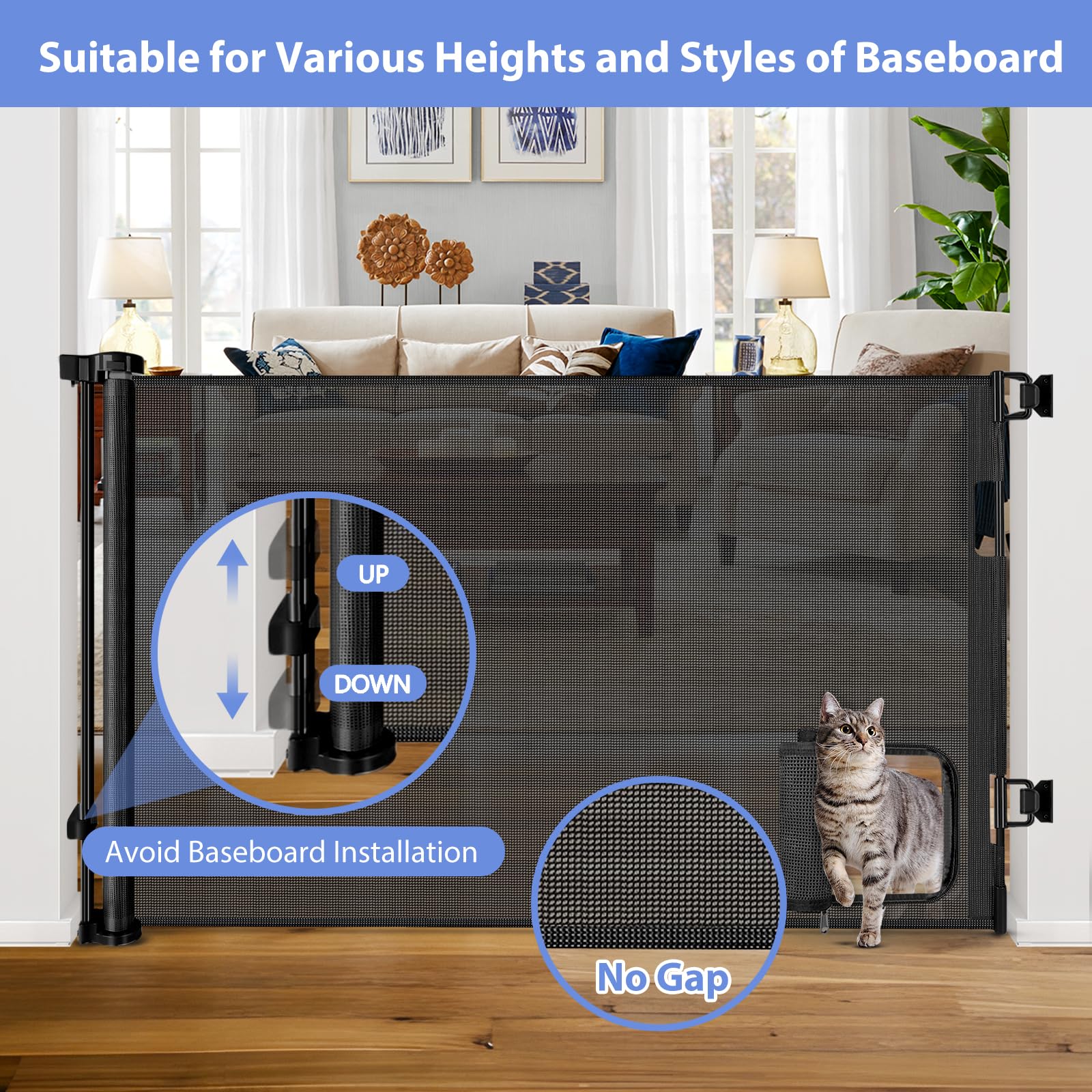 BETERTEK retractable gate indoor-outdoor setup showing versatile placement